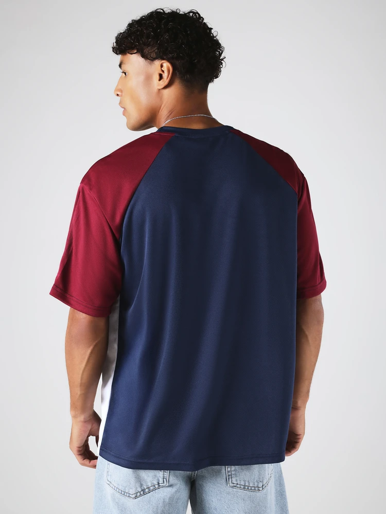 Colorblock Raglan Short Sleeve Crew Neck T-Shirt With Contrast Piping And Logo Detail Oversized Fit,Sports Tee,Sport Jersey,Gym Shirts Activewear