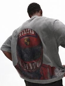 SUMWON Crew Oversized Washed Graphic Tee With Racing Helmet Back Print And Crew Neck Short Sleeves - Grey - View 3