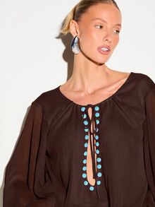 KIZN Sheer Balloon Sleeve Blouse With Turquoise Stud Detail And Front Keyhole Tie Neck Crop Top - Brown - View 2