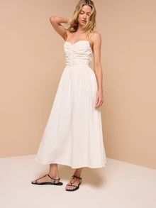 KSTM Ruched Bodice Sweetheart Neck Spaghetti Strap Midi Dress Summer Vacation Elegant A-Line Flowy Skirt - White - View 1