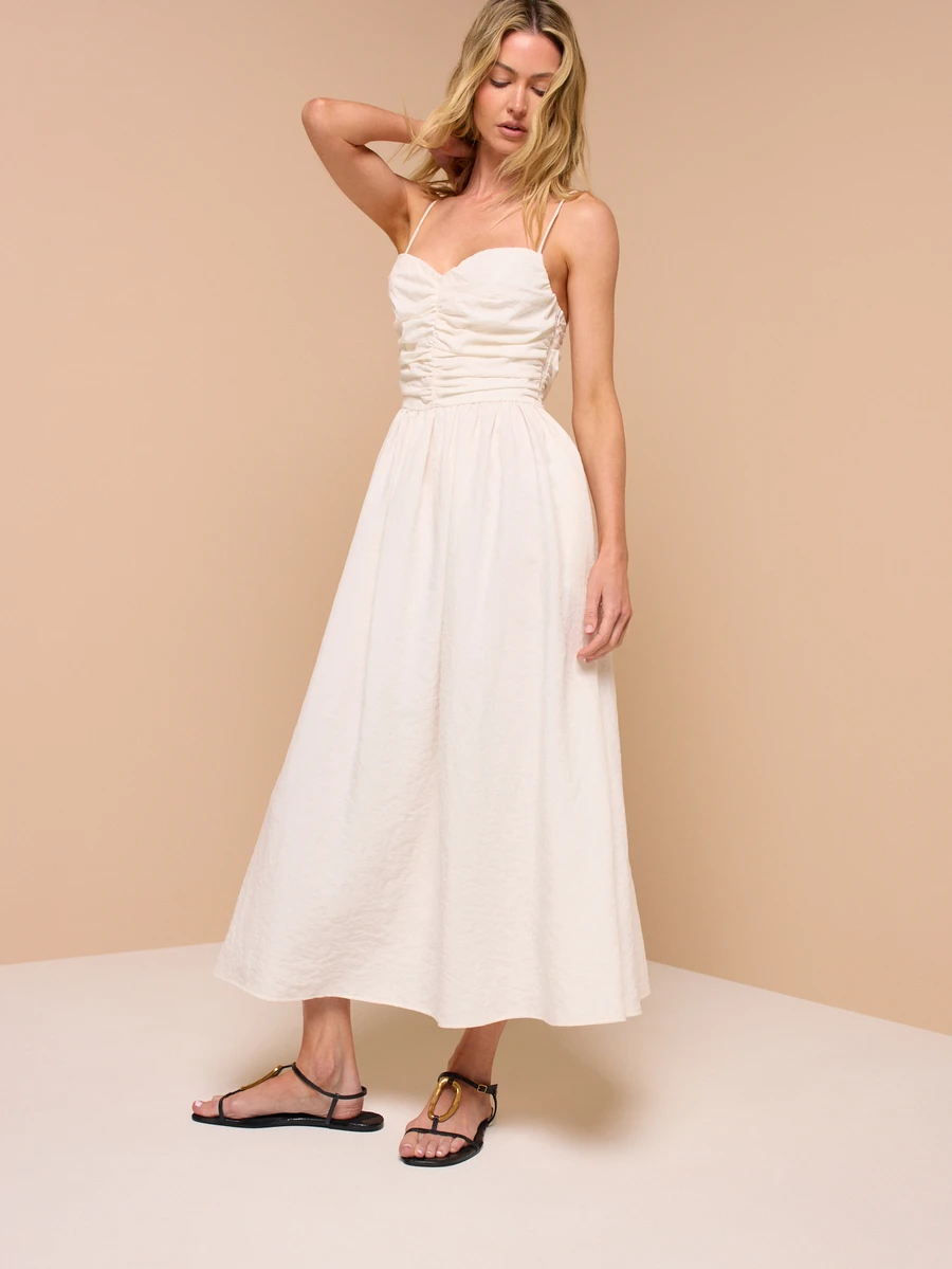 KSTM Ruched Bodice Sweetheart Neck Spaghetti Strap Midi Dress Summer Vacation Elegant A-Line Flowy Skirt - White - View 1