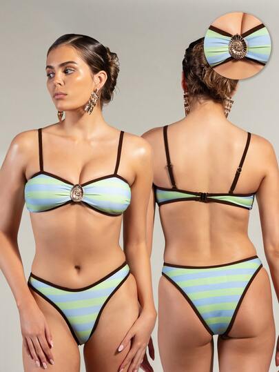 Rouah Conjunto de bikini a rayas retro premium con ribete dorado - Vibraciones de verano, tiempo de vacaciones, días de piscina, vacaciones en resort, tiempo de vacaciones