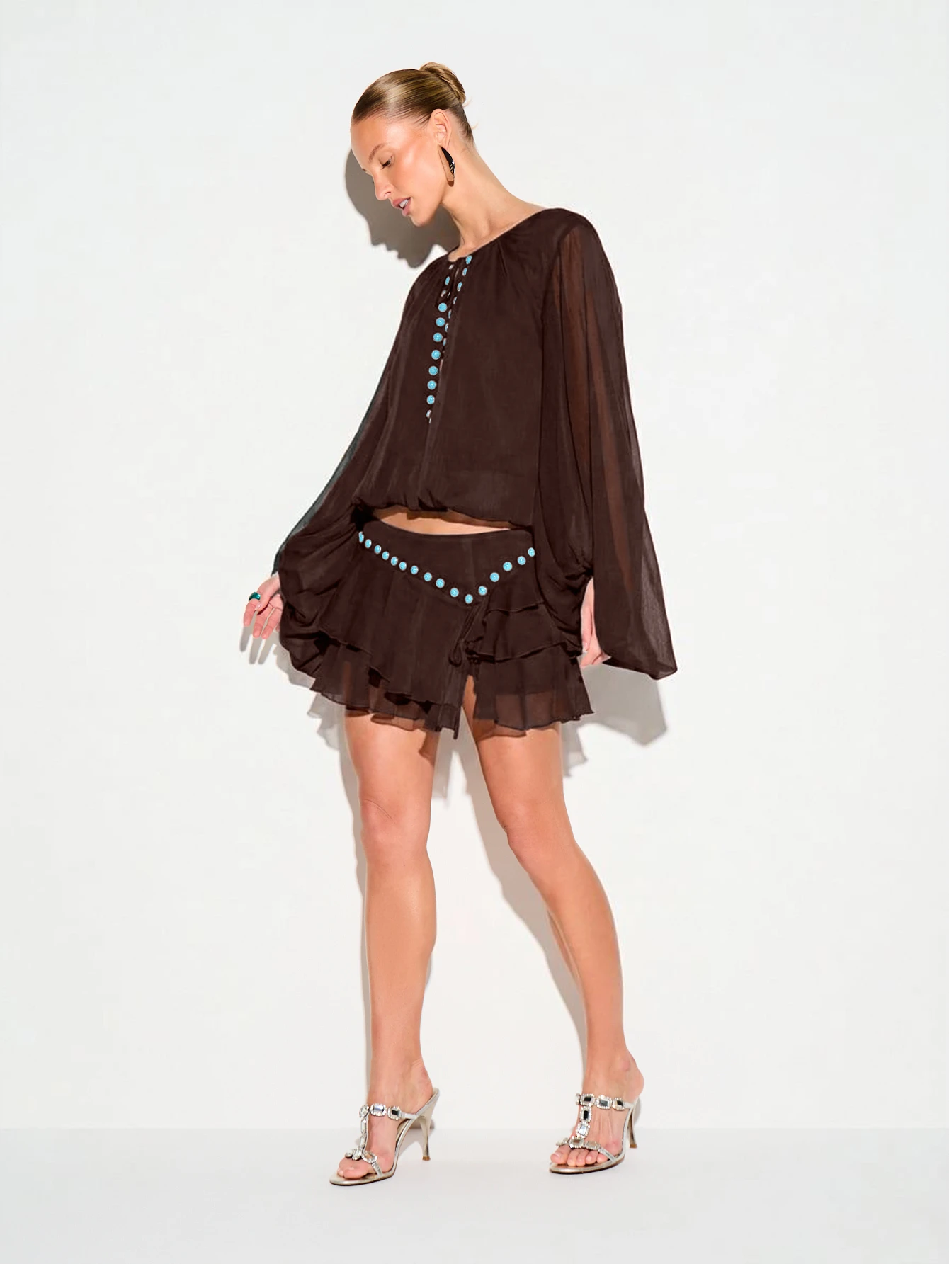 KIZN Ruffle Mini Skirt With Turquoise Stud Detail
