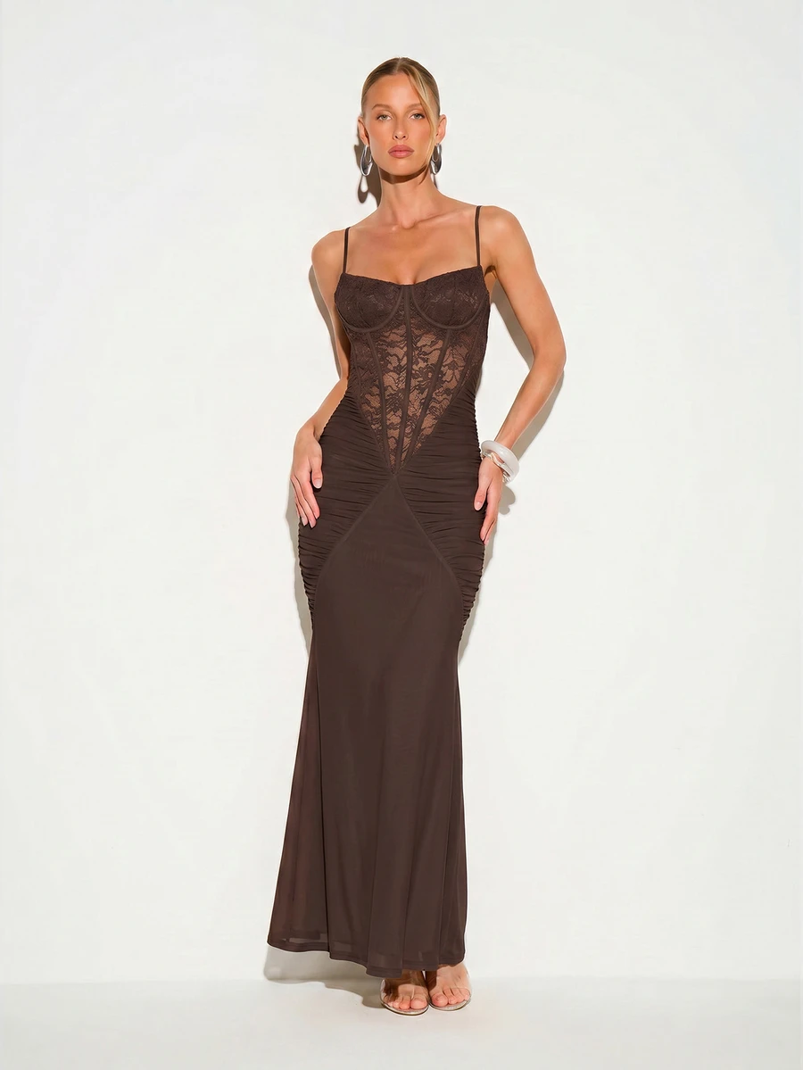 KIZN Ruched Lace Corset Maxi Dress With Spaghetti Straps Open Back And Mermaid Hem Evening Gown - Chocolate Brown - View 1