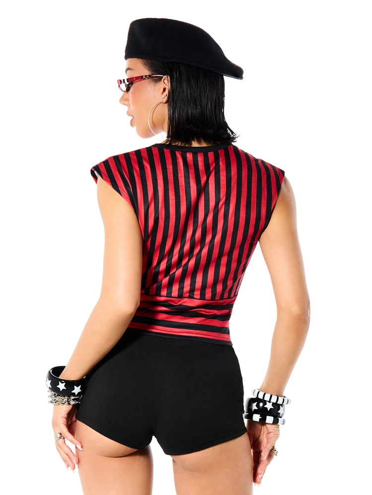 SUMWON WOMEN Deep V-Neck Striped Graphic Top With Cap Sleeves Script Print Wrap Style Party Festival Top