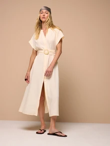 KSTM Vestido midi con mangas cortas, cinturón, escote en V, botones delanteros y hebilla de ratán, estilo de vacaciones de verano - Albaricoque - Ver 6