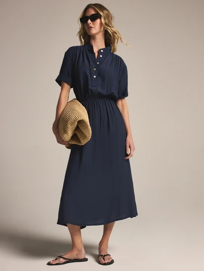 KSTM Isabella Midi Hemdkleid mit Stehkragen, elastischer Taille und kurzen Ärmeln für den Sommer