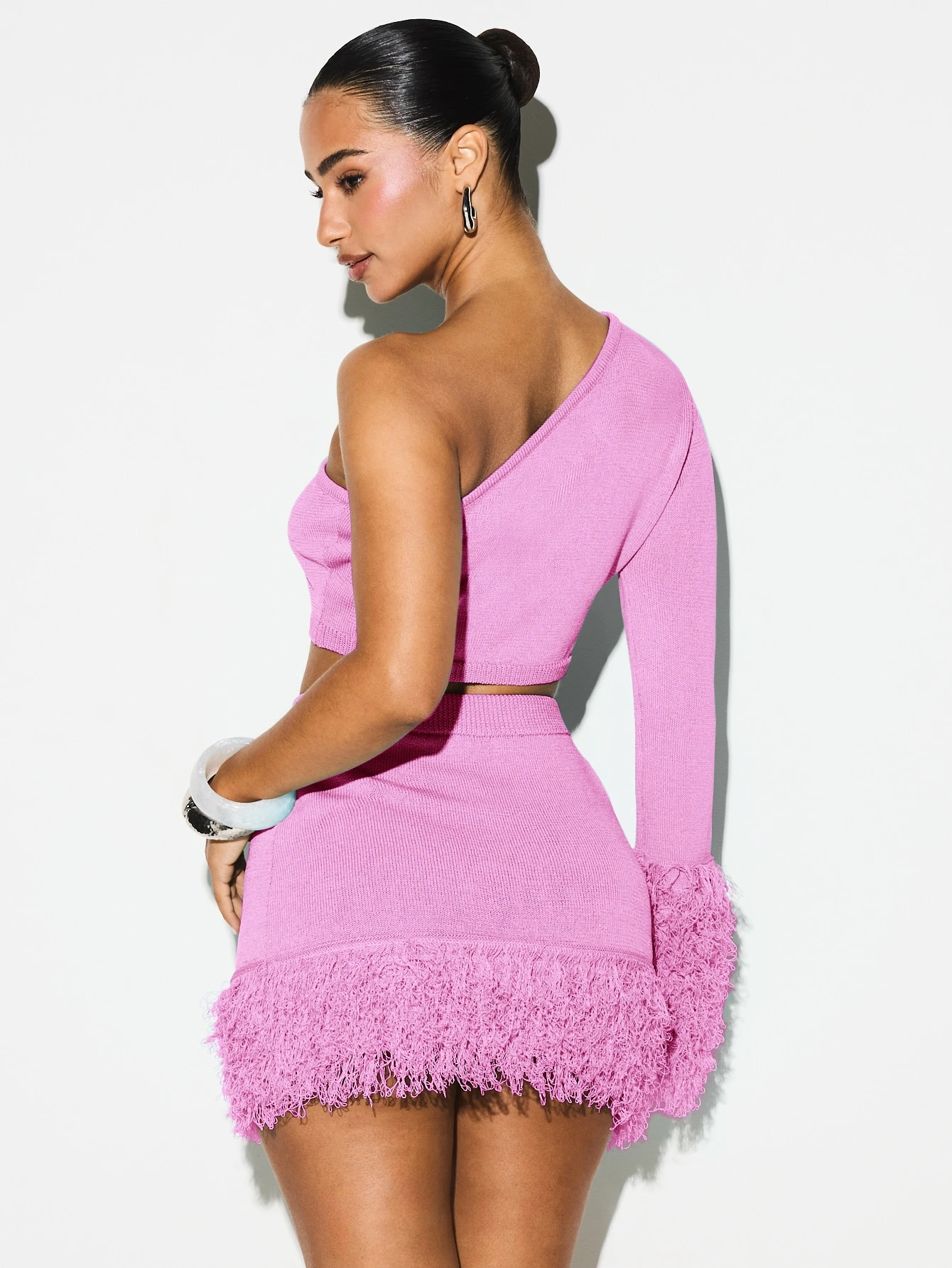 One Shoulder Knit Crop Top With Fringe Cuff