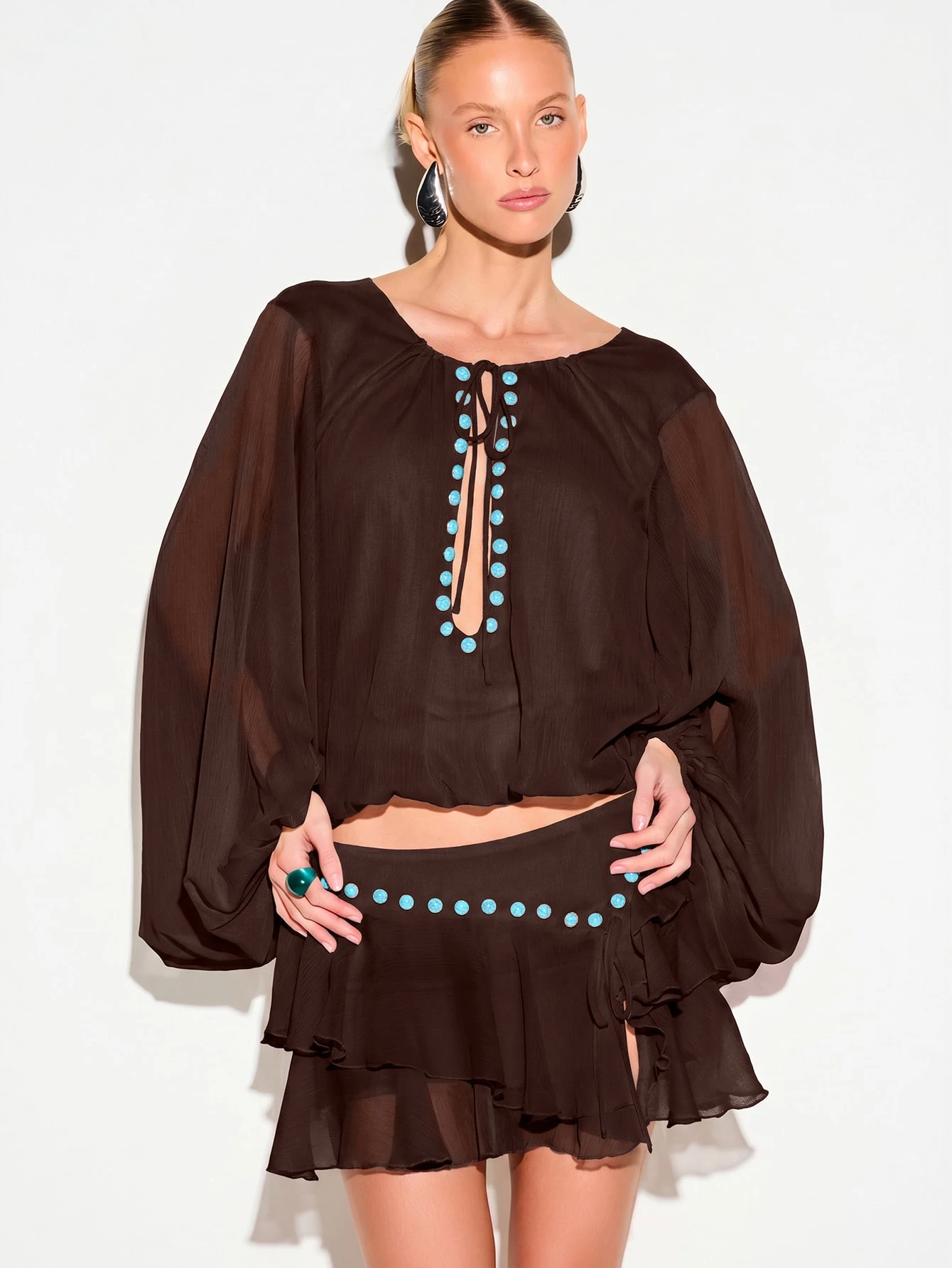 KIZN Sheer Balloon Sleeve Blouse With Turquoise Stud Detail