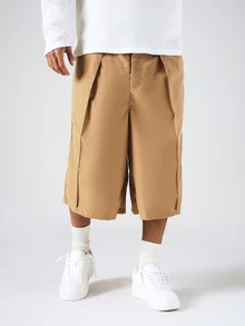 SUMWON Pantalones cortos con pliegues de pierna ancha con cintura elástica, estilo bermuda casual de verano de talle largo - Caqui - Ver 4