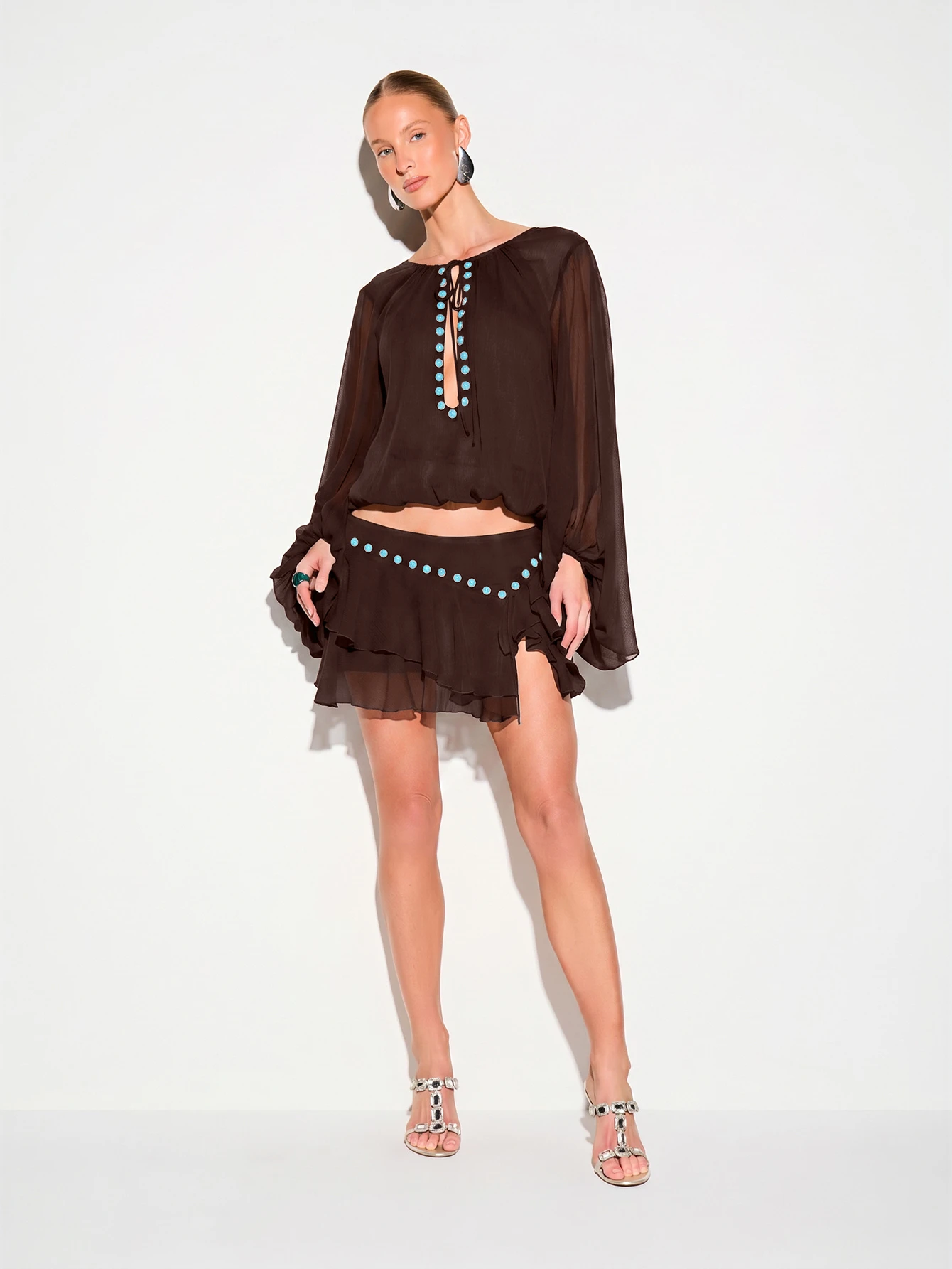 KIZN Sheer Balloon Sleeve Blouse With Turquoise Stud Detail