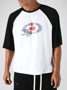 SUMWON Studios Raglan Oversized T恤，圆形印花圆领短袖上衣 - 黑與白 - 查看 3