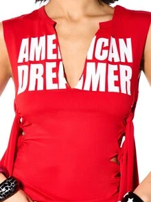 SUMWON WOMEN American Dreamer Graphic Sleeveless Crop Top With Deep V-Neck And Side Knotted Fringe Detail - Red - View 5