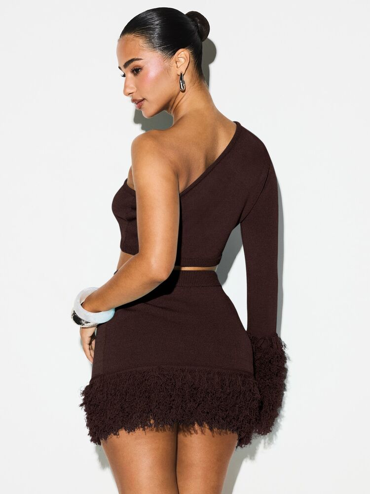 One Shoulder Knit Crop Top With Fringe Cuff