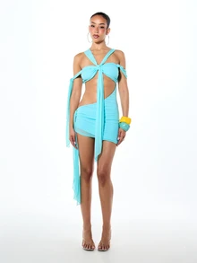 SUMWON WOMEN Robe mini avec découpes, nœuds en maille et bretelles asymétriques avec dos ouvert, parfaite pour les soirées d'été - Bleu azur - Voir 1