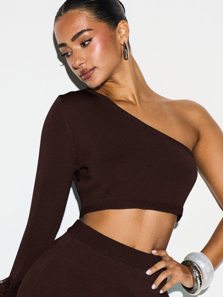 One Shoulder Knit Crop Top With Fringe Cuff