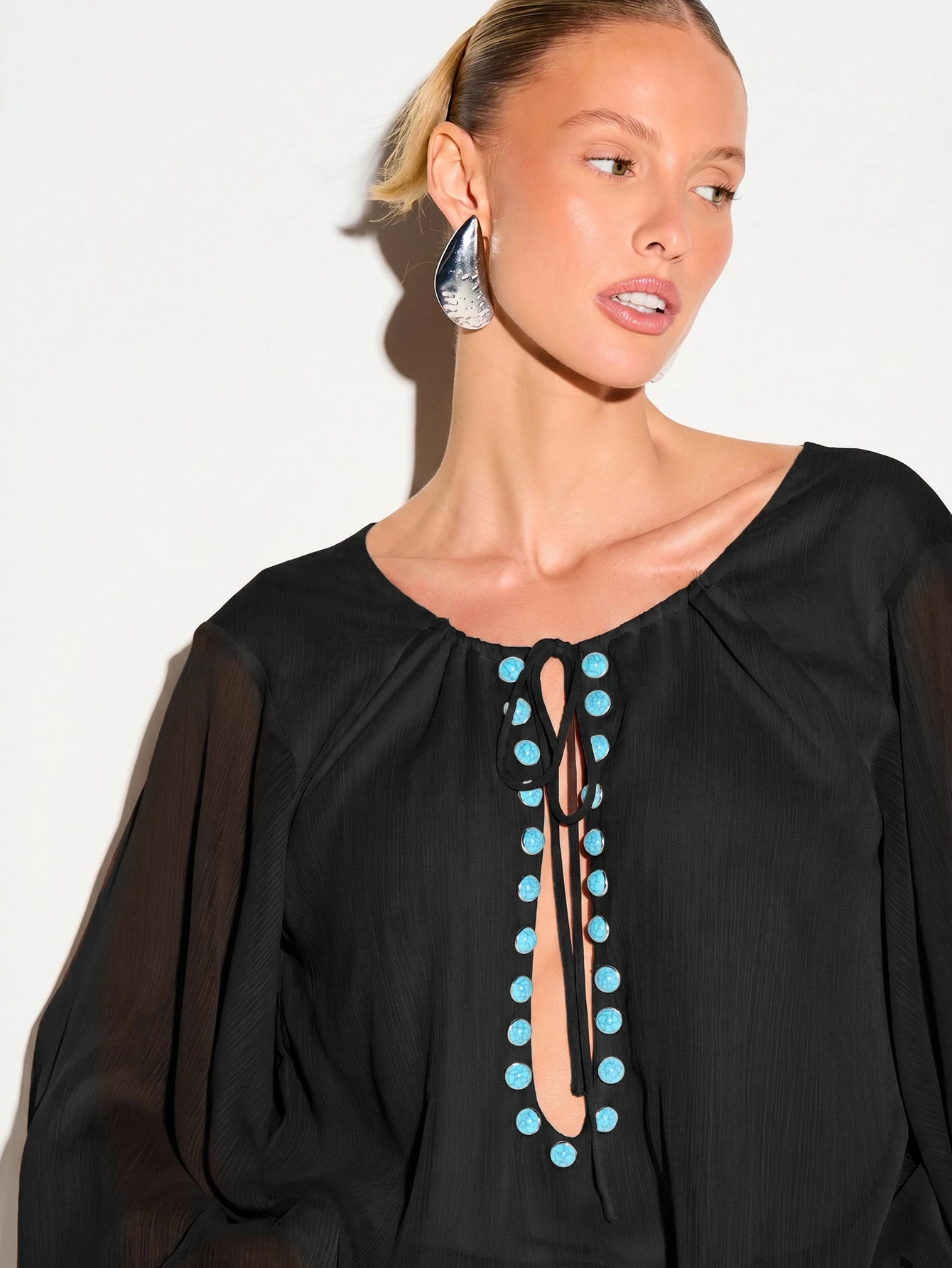 Sheer Crop Blouse With Stud Detail And Balloon Sleeves