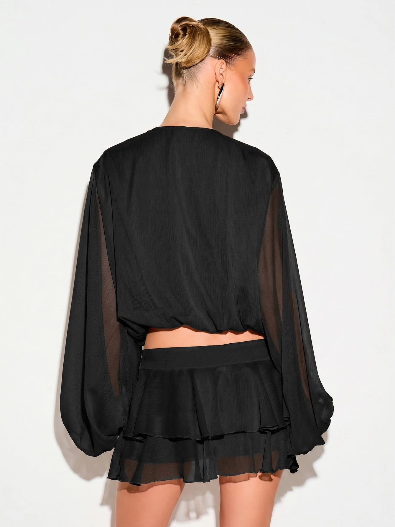 Sheer Crop Blouse With Stud Detail And Balloon Sleeves