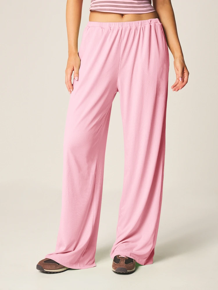 MISSGUIDED Ribbed Wide-Leg Lounge Pants With Elastic Waist, Logo Back Pocket Detail, Relaxed Fit
