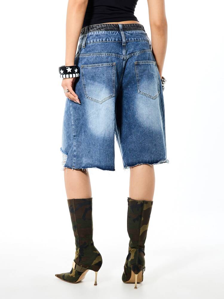 SUMWON WOMEN High-Rise Distressed Denim Bermuda Shorts With Contrast Patchwork And Raw Hem Detail
