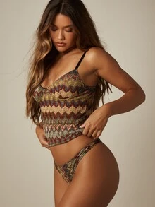 MISSGUIDED 钩针编织丁字裤，饰有锯齿形叶子图案和金属光泽，低腰剪裁 - 彩色 - 查看 1