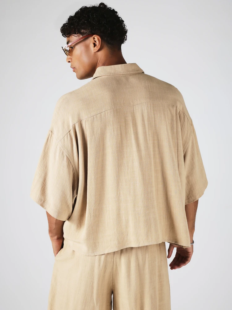 Oversized Cropped Button-Down Short Sleeve Shirt With Dual Chest Pockets Textured Woven Summer Holiday