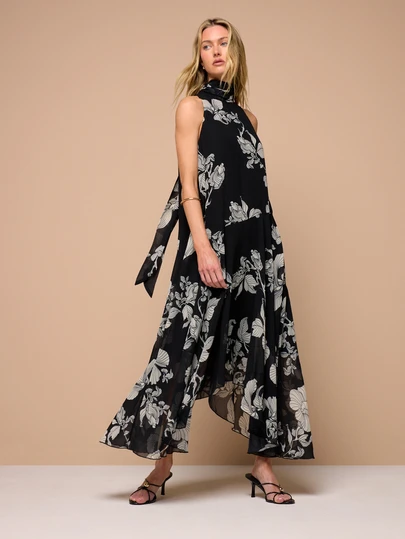 KSTM Vestido maxi con estampado floral, cuello halter, cuello con lazo y falda de gasa fluida para ocasiones de verano