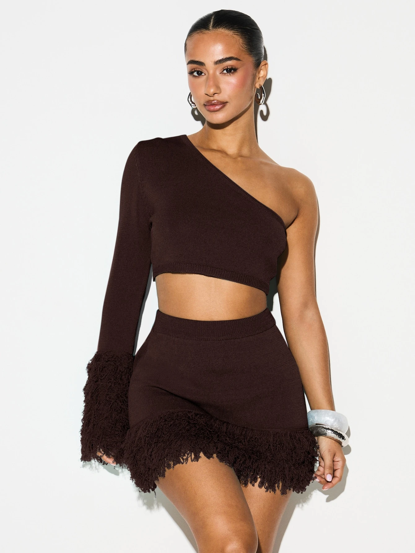 One Shoulder Knit Crop Top With Fringe Cuff