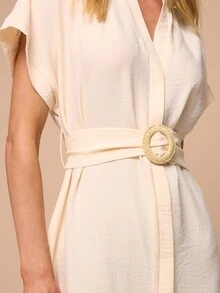 KSTM Vestido midi con mangas cortas, cinturón, escote en V, botones delanteros y hebilla de ratán, estilo de vacaciones de verano - Albaricoque - Ver 5