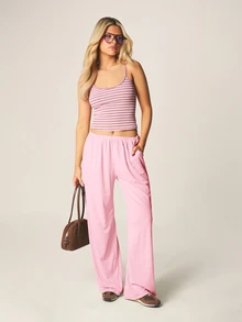 MISSGUIDED 罗纹阔腿休闲裤，松紧腰带，后袋饰有品牌标志，宽松版型 - 粉色 - 查看 3