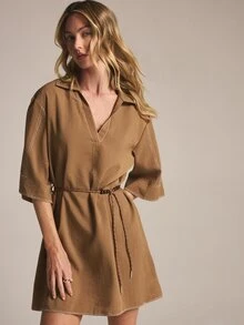 KSTM Mini Shirt Dress With Contrast Stitching Beaded Rope Belt V-Neck Elbow Sleeves Casual Summer Style Everyday Travel Shades Of Brown - Brown - View 1