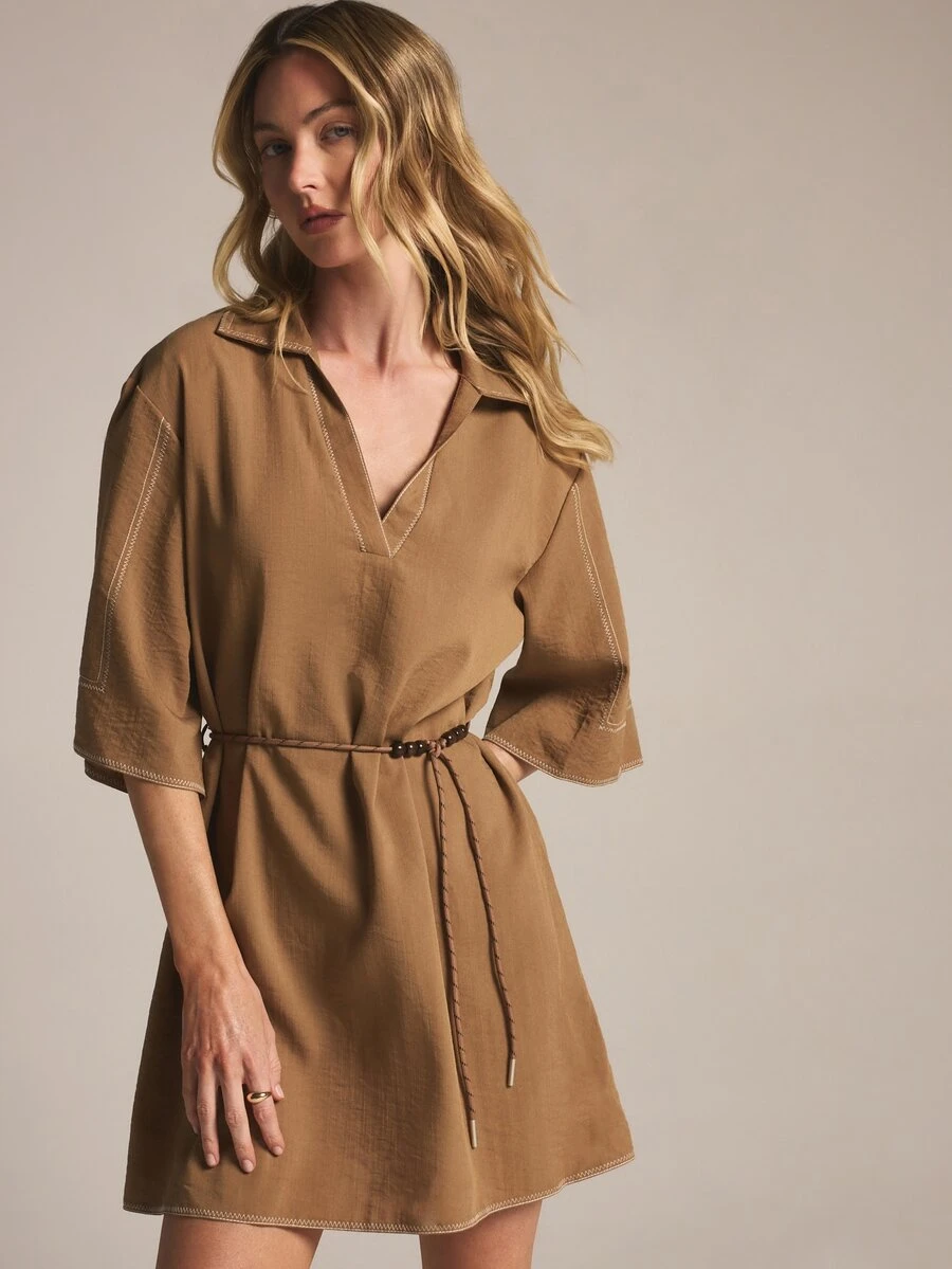 KSTM Mini Shirt Dress With Contrast Stitching Beaded Rope Belt V-Neck Elbow Sleeves Casual Summer Style Everyday Travel Shades Of Brown - Brown - View 1