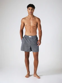 SUMWON Quần đùi boxer kẻ sọc dệt kim với cạp chun, khóa cài nút và túi bên hông, thích hợp mặc ở nhà mùa hè. - màu đen - Xem 3