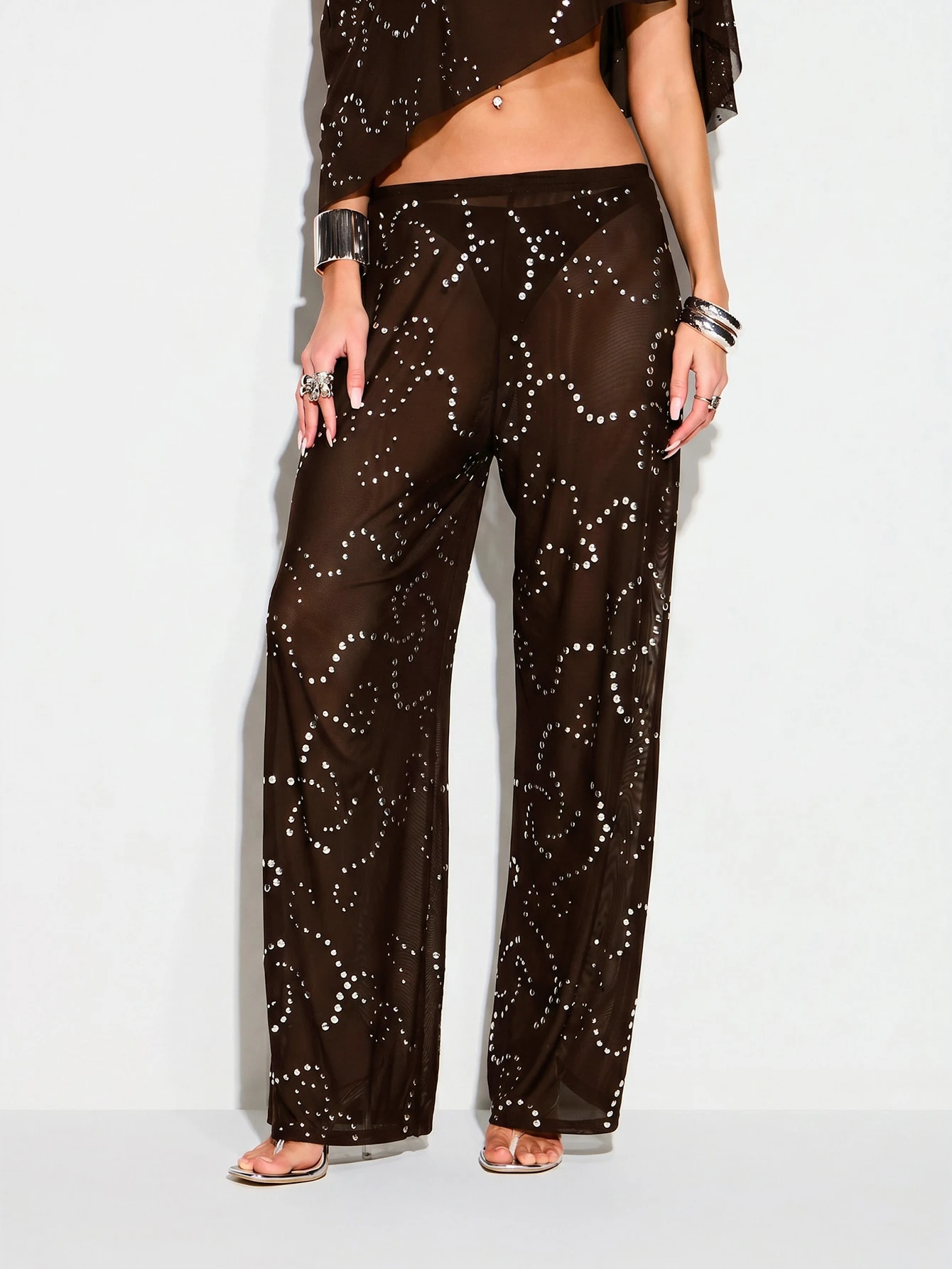 KIZN Sheer Mesh Wide-Leg Trousers With Rhinestone Studs
