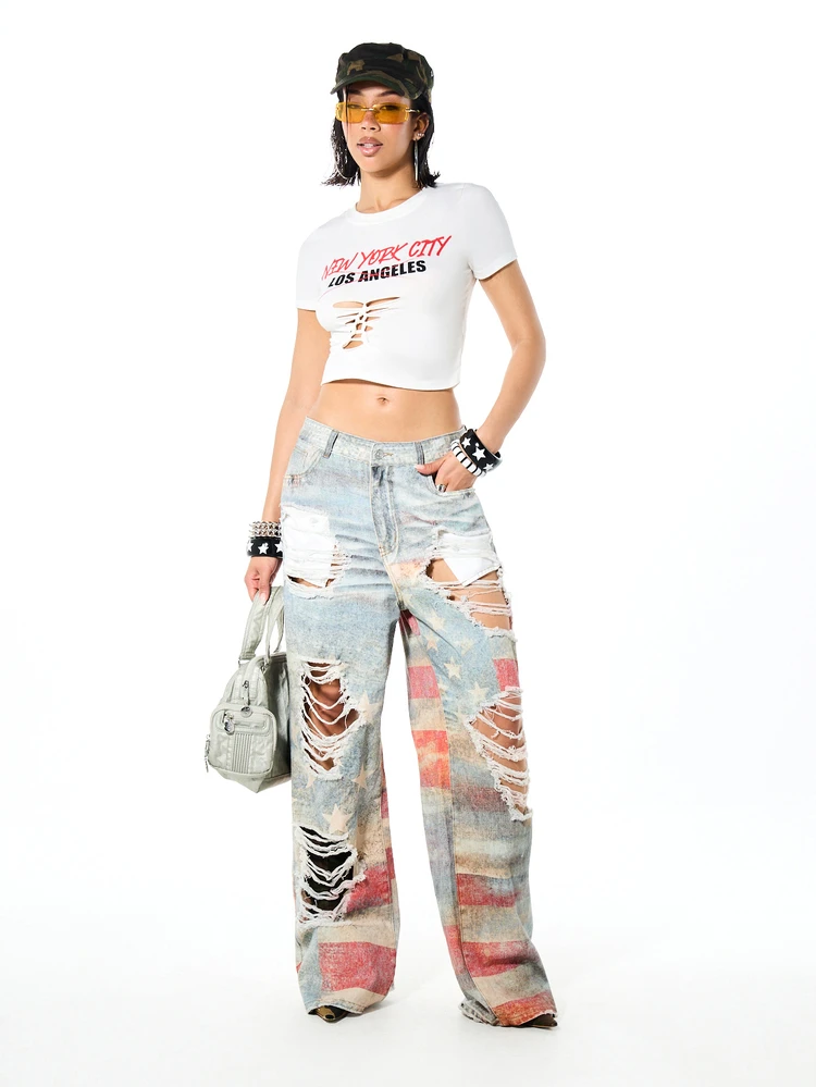 SUMWON WOMEN American Flag Print Distressed Ripped Baggy Wide Leg Jeans Stars Stripes Patriotic Denim 4th July