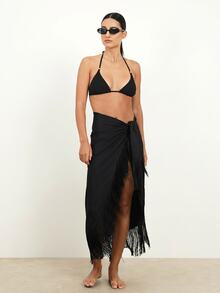 KSTM Rok Sarung Berumbai dengan Detail Simpul di Bagian Depan, Gaya Maxi untuk Pantai dan Resor - Hitam - View 3