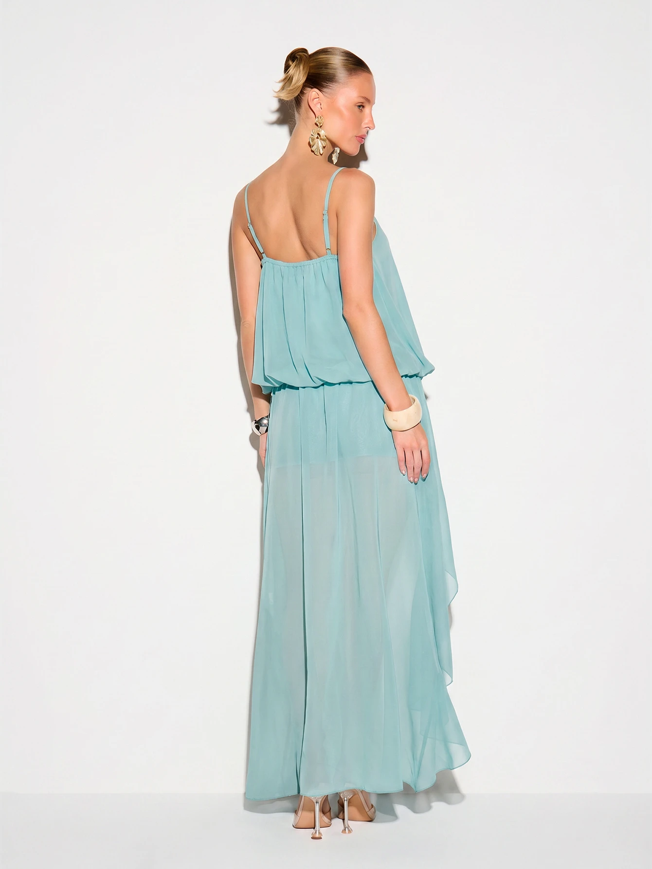 KIZN Lace-Up Ruffle High-Low Maxi Dress