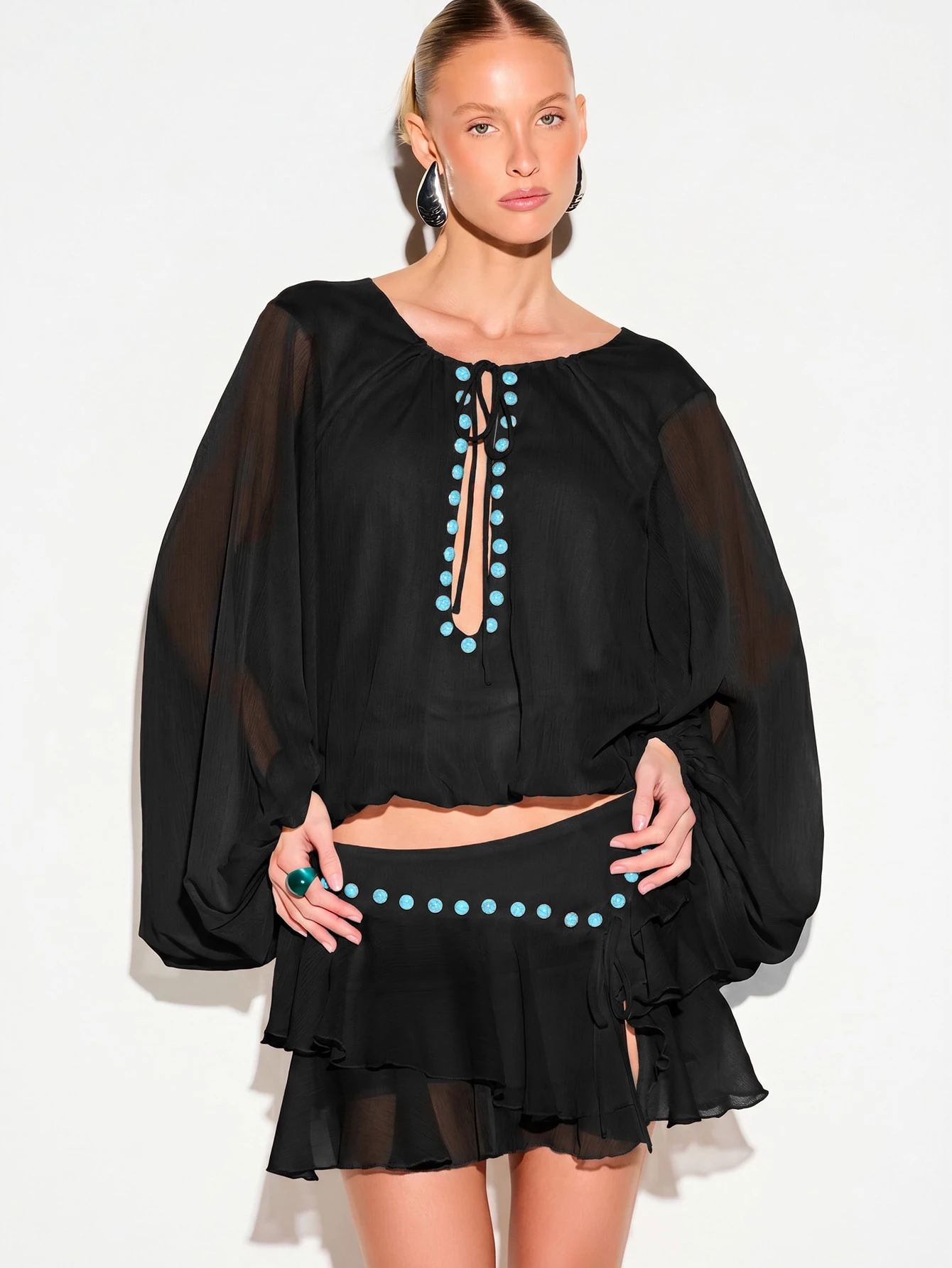 Sheer Crop Blouse With Stud Detail And Balloon Sleeves