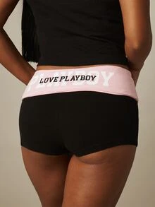 Missguided x Playboy 翻折腰带热裤，饰有兔子标志和印花翻折带 - 黑色 - 查看 2