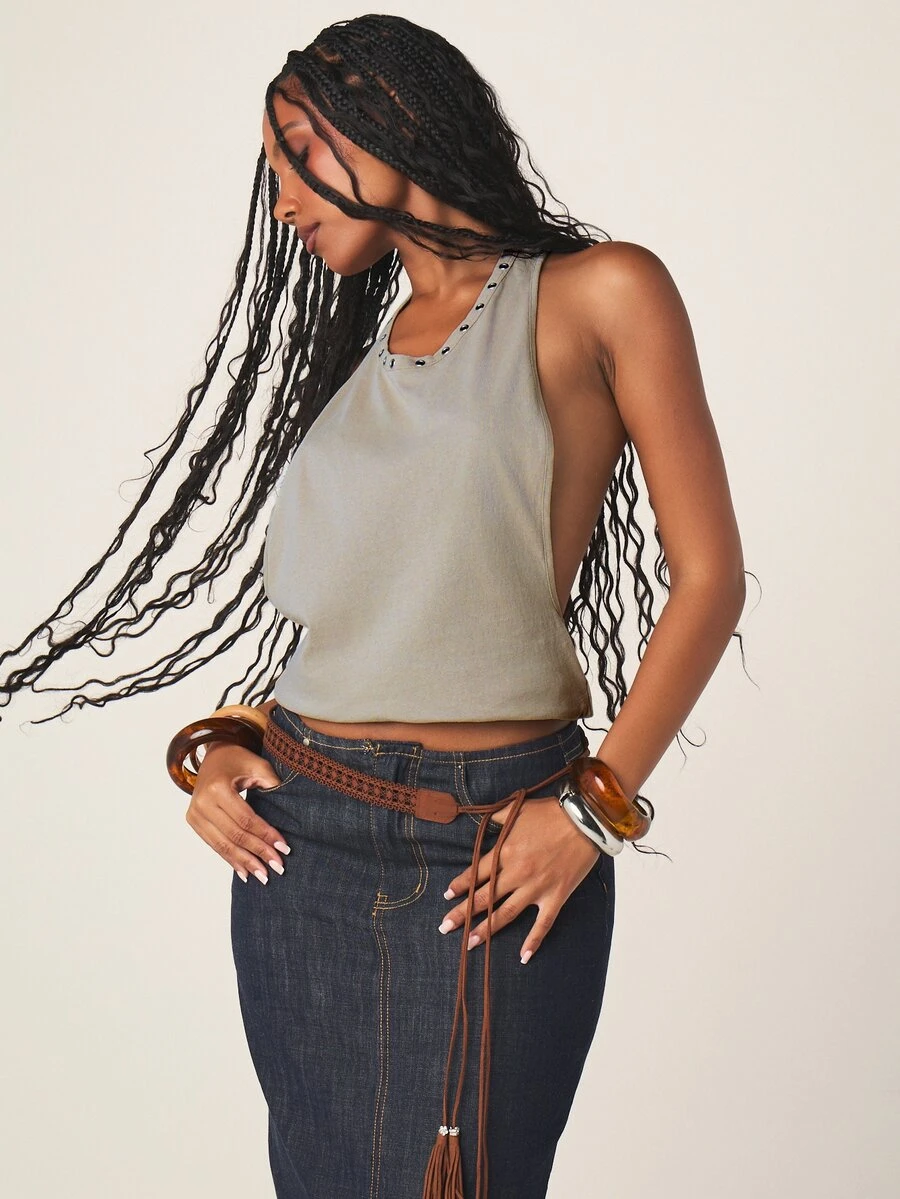 MISSGUIDED Racerback-linne med öppna sidor och öljett-ringning, kort ärmlös, halterneckmodell - Ljusgrå - Visa 1