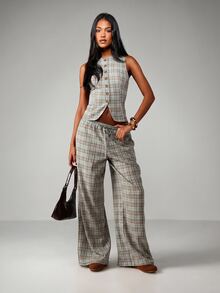 MISSGUIDED 格纹背心套装，搭配阔腿抽绳长裤，两件套，适合休闲和正式场合。 - 藍色 - 查看 1