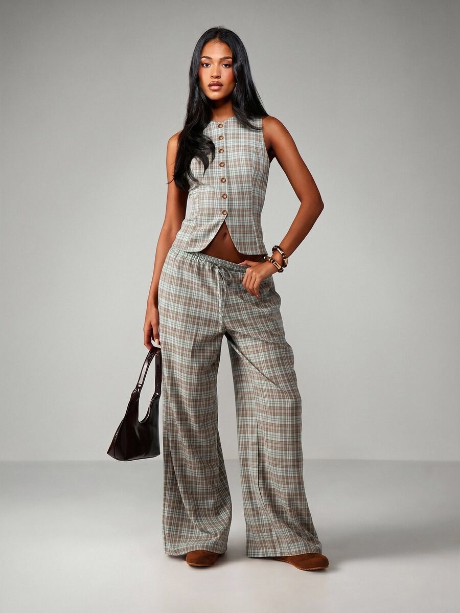 MISSGUIDED 格纹背心套装，搭配阔腿抽绳长裤，两件套，适合休闲和正式场合。 - 藍色 - 查看 1
