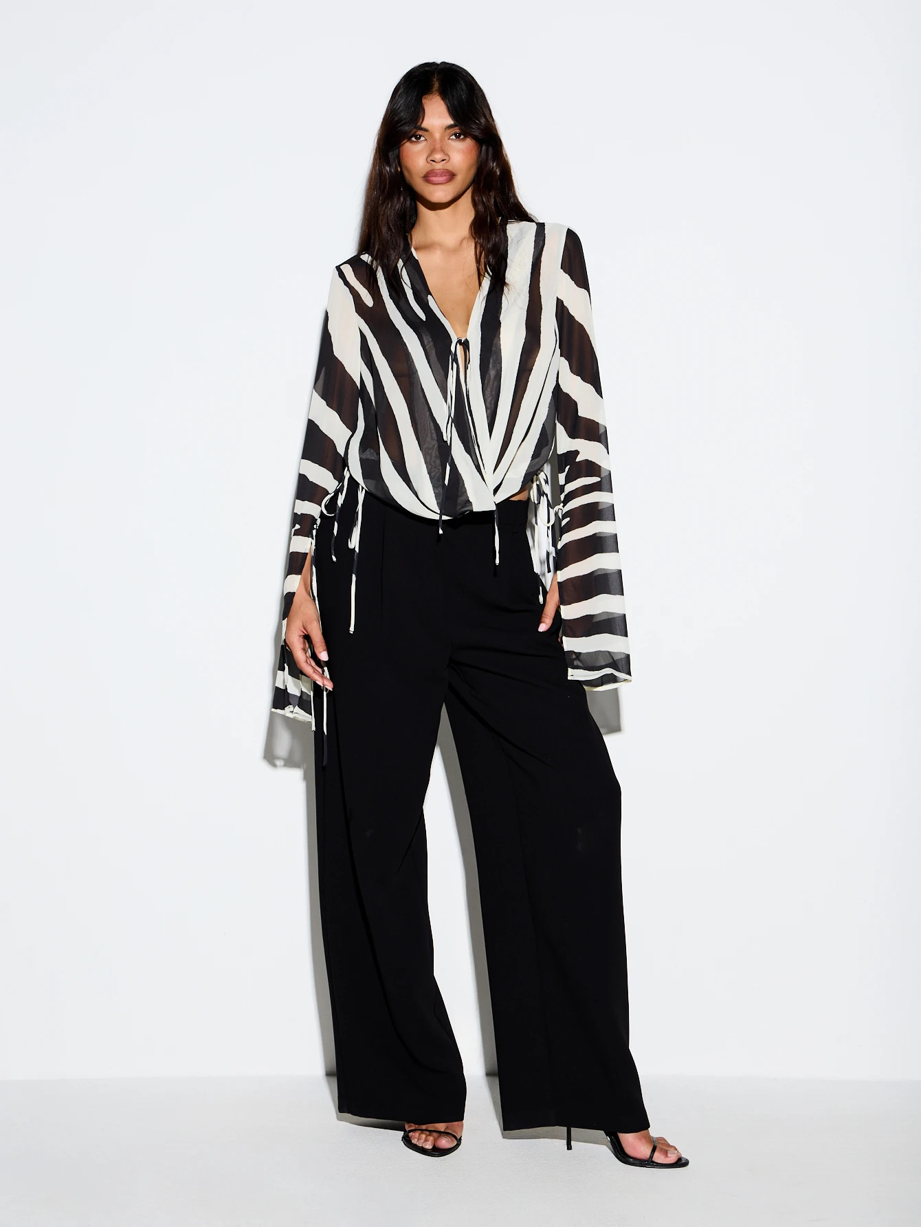 Zebra Print Sheer Chiffon Blouse With Tie Detail