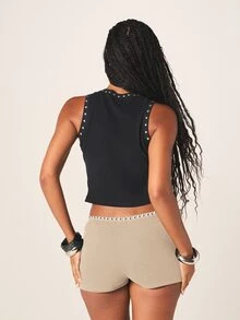 MISSGUIDED Mini Skort With Khaki Stud Detailing Wrap Front Overlay Low Rise Asymmetric Hem Short Night Party Summer Sexy - Cream - View 2
