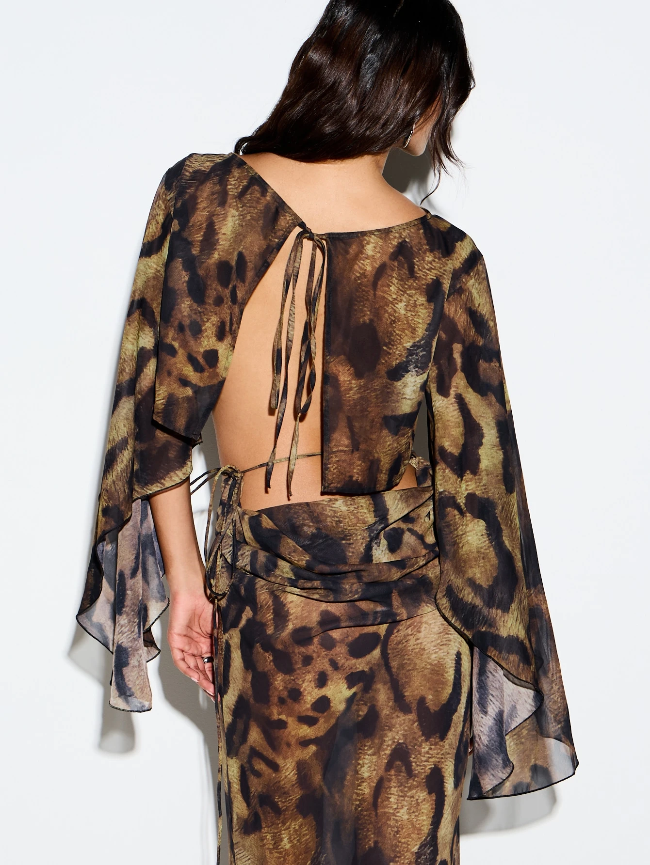 KIZN Leopard Print Chiffon Crop Top With Flare Sleeves