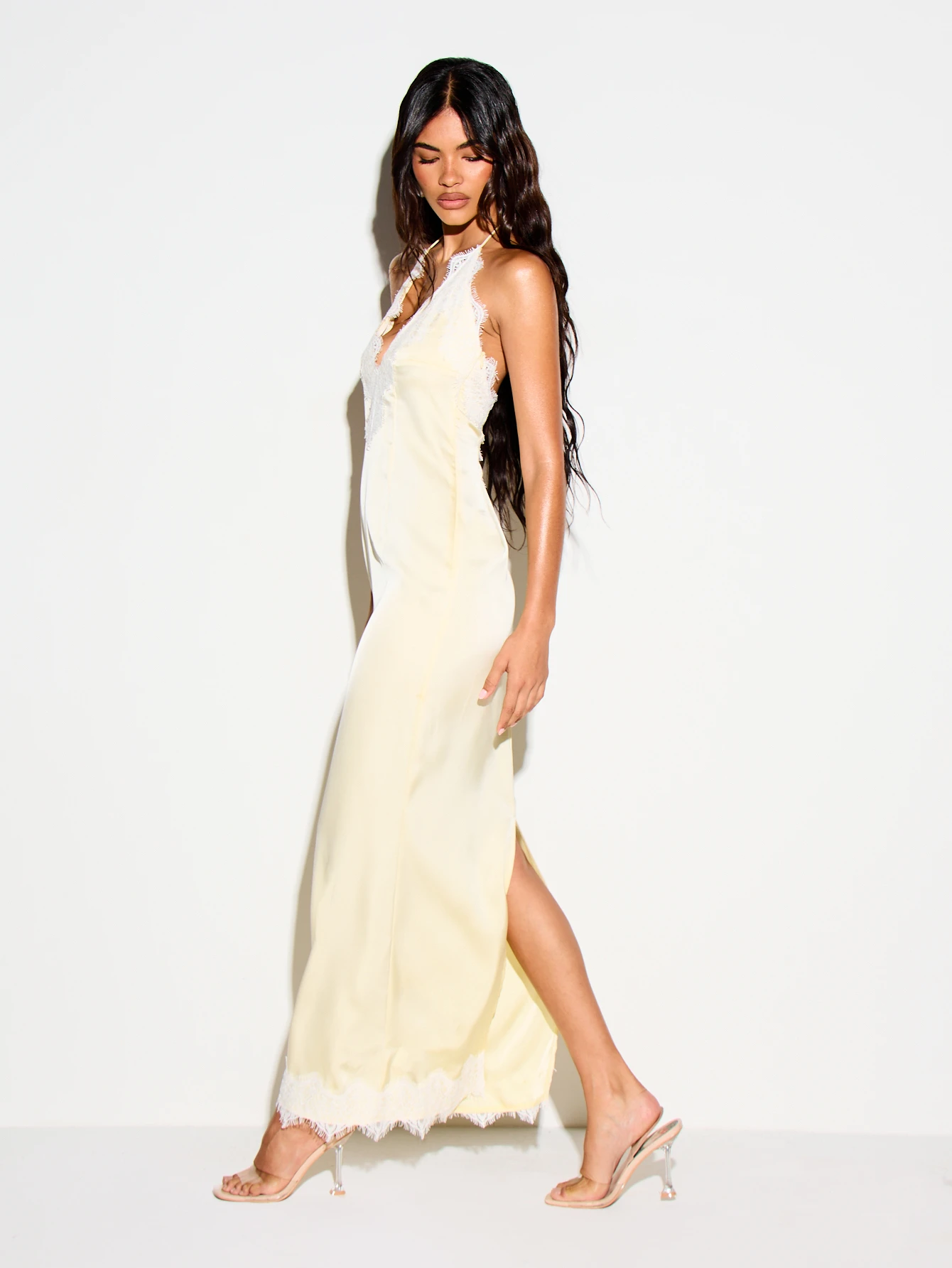 KIZN Satin Maxi Slip Dress With Lace Trim