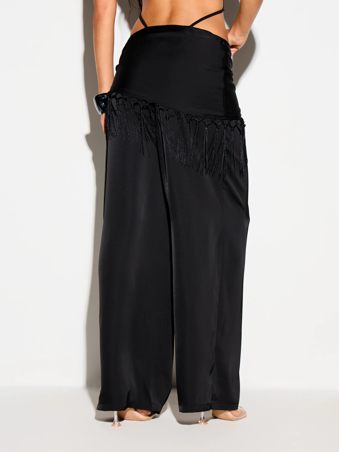 KIZN Satin Wide Leg Trousers With Fringe Scarf Detail