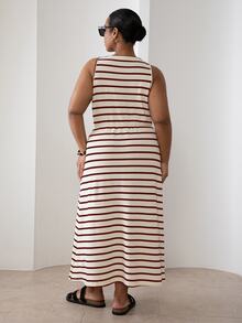 ELLERISSA Vestido midi de punto gofrado con cuello redondo, sin mangas y botones delanteros en beige & rojo, talla grande - Rojo - Ver 5