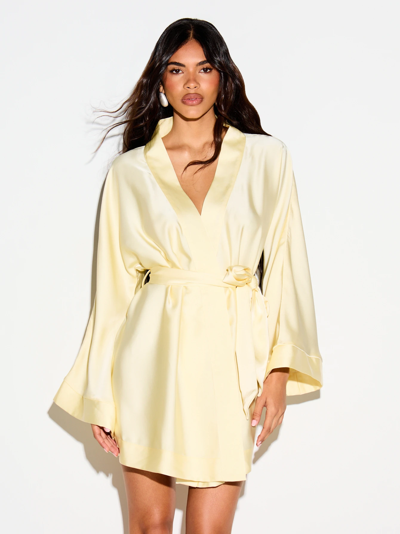 KIZN Kimono Wrap Satin Mini Dress With Belted Waist