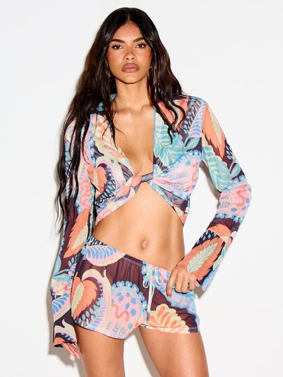 KIZN Floral Swirl Paisley Print Mesh Twist Front Long Sleeve Crop Cover Up Top For Beach Resort Vacation